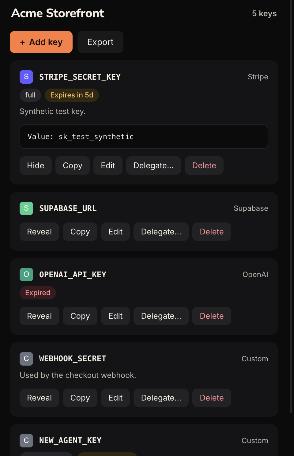 The VaultOS Preview app in dark mode, showing a project with synthetic Stripe, Supabase and OpenAI keys.