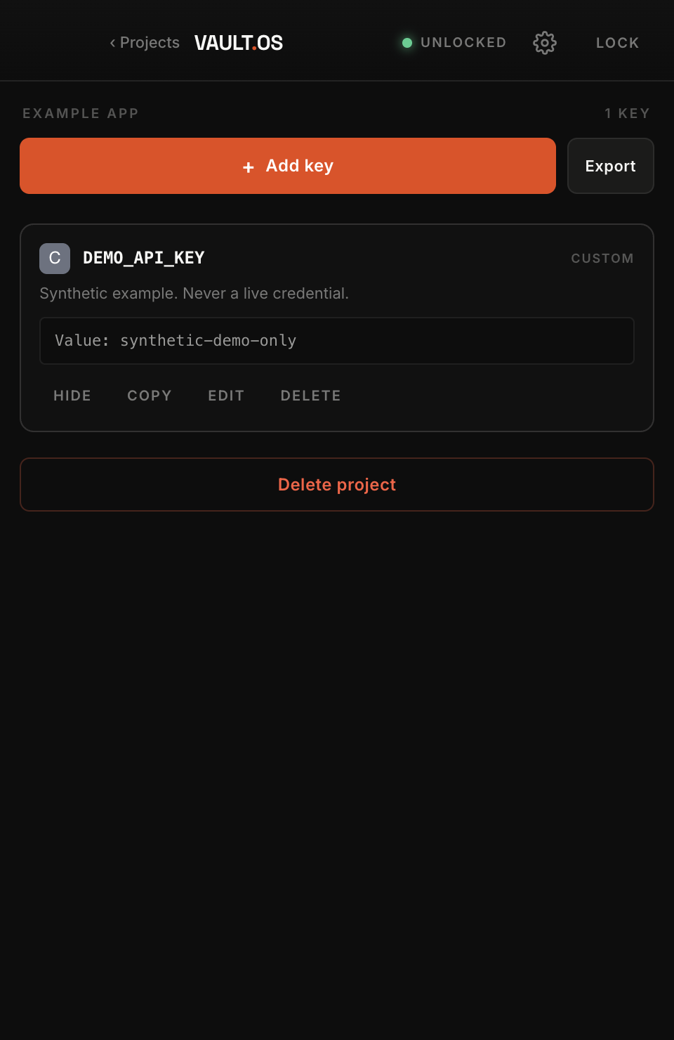 The actual VaultOS Preview app, showing an Example App project and a synthetic demo API key.